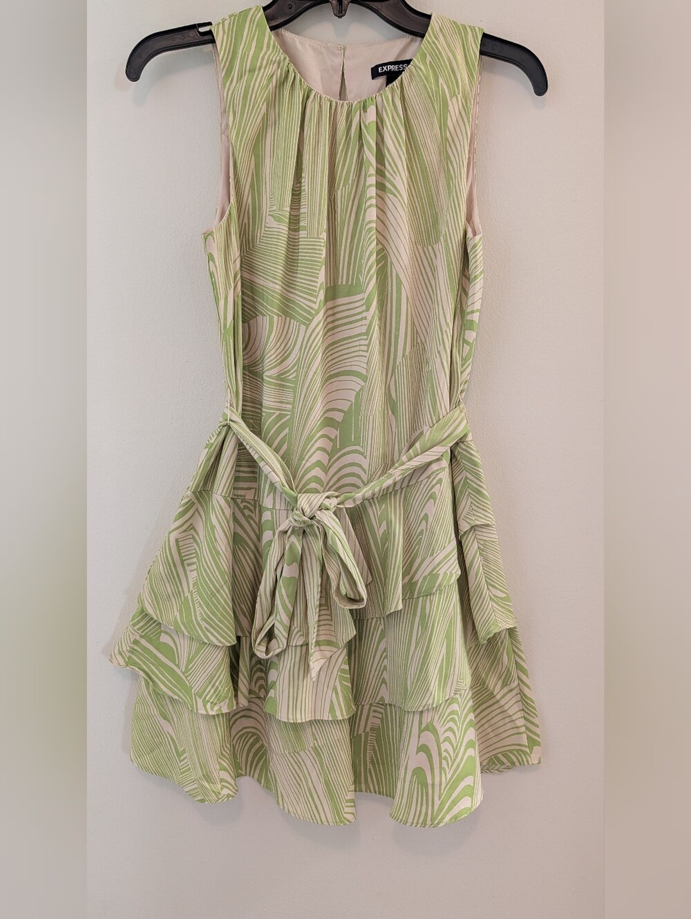 Express Light Green and Cream Swirl Tie-Waist Mini Dress